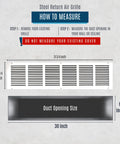 Diagram showing dimensions of No Fuss Easy Fit 30x6 Duct Opening Steel Return Air Grille for sidewall or ceiling installation.