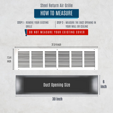 Diagram showing dimensions of No Fuss Easy Fit 30x6 Duct Opening Steel Return Air Grille for sidewall or ceiling installation.