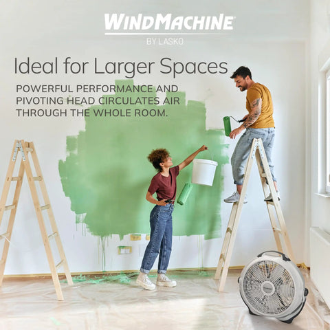 Air Circulator Floor Fan With Three Speeds 20 Inch Model 3300 shown in room setup during painting with two people on ladders.