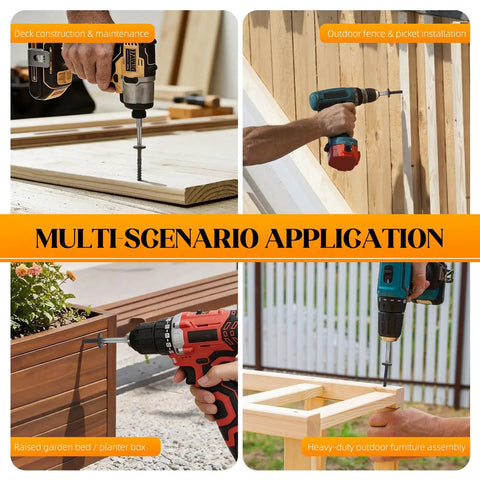 Multi-scenario application of Premium Heavy Duty Deck Screws 50 Pack 14 By 8 Inch Black Epoxy Coated Fasteners in construction.