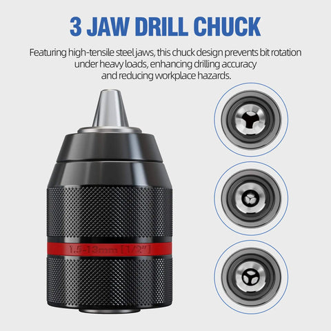 Self Tightening Keyless Drill Chuck 1/2 Inch 20UNF Quick Change For Milwaukee M18 Drills And Impact Drivers, 1.5 To 13 mm Clamping Range with alloy steel construction and 3-jaw design.