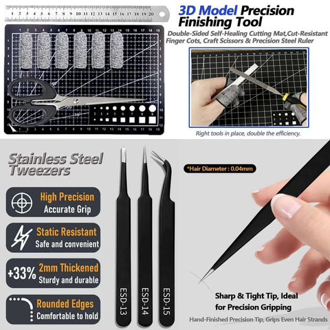 All In One 82 Piece 3D Printer Tool Kit In Durable Case With PTFE Cutter Deburring Tools featuring stainless steel tweezers, scissors, and ruler