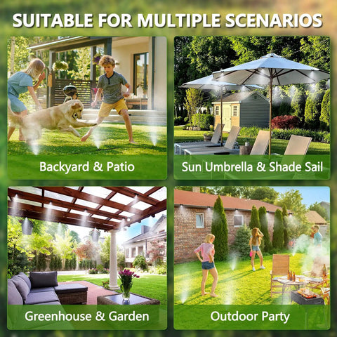 Outdoor Patio Misting System With Water Filter For Cool Down 33 Feet Line Nine Brass Nozzles Brass Adapter For Three Quarter Inch Fittings used in backyard, patio, greenhouse, garden, and party settings