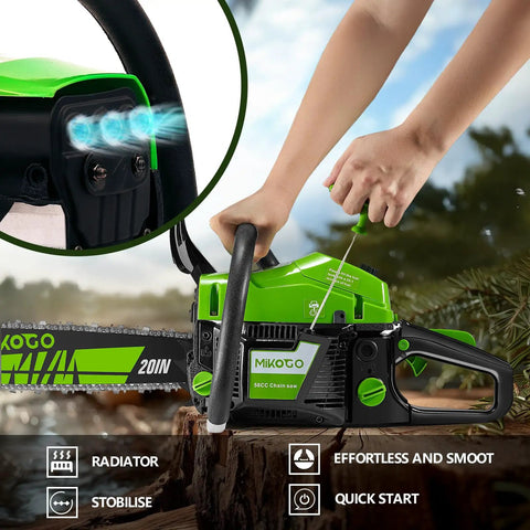 Person starting a Gas Chainsaw With 58cc 2 Cycle Engine, 3.6 HP, 18 And 22 Inch Bars, Beast Mode Power For Tree Cutting Firewood Logging