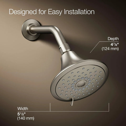 Forté Three-Function Showerhead With Full Coverage, Pulsating Massage And Silk Spray, 1.75 GPM Flow shown with dimensions