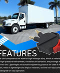 Truck Seat Height Adjustment Air Valve And Rocker Switch for easy lift, beside a parked white delivery truck on a sunny day.