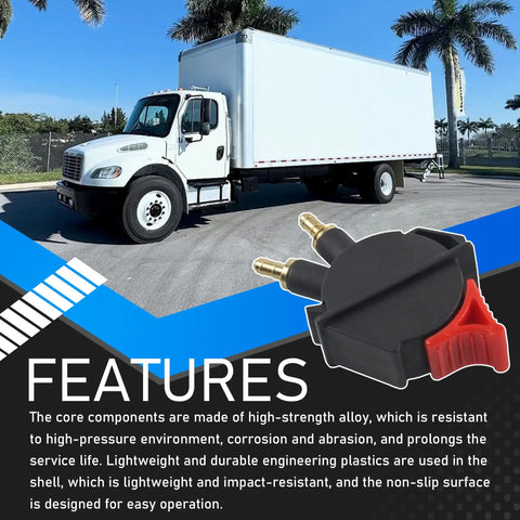 Truck Seat Height Adjustment Air Valve And Rocker Switch for easy lift, beside a parked white delivery truck on a sunny day.