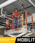 Hella Smooth Overhead Drill Press For Concrete With Seven Foot Reach integrated with a scissor lift in use at height.