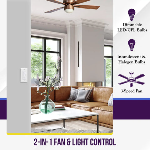 Living room with 3 Speed Ceiling Fan Control And Dimmer Light Switch installed, 2 pack, white, showing dual functionality.