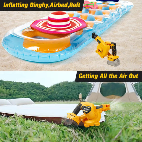 20V Max Battery Powered Cordless Leaf Blower And Vacuum Combo inflating raft and deflating air mattress on grass