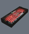 Nut Driver Set with Quarter Inch Zyklop Speed Ratchet Head, Pivoting Design, stored in black textile box, 35 pieces visible.