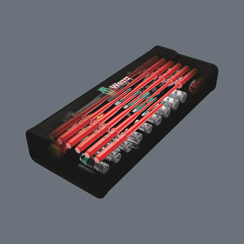 Nut Driver Set with Quarter Inch Zyklop Speed Ratchet Head, Pivoting Design, stored in black textile box, 35 pieces visible.