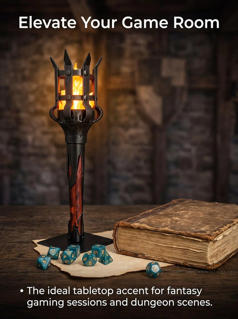 Medieval LED Torch Wall Sconce Flickering Flame Castle Light (Red) on a tabletop with gaming dice and a book.