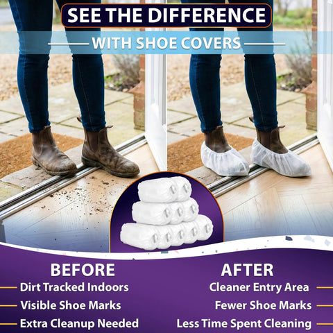 See the difference with Bulk Disposable Shoe Covers, 50 Pairs Per Box, Indoor Use Only, Thin Nonwoven Fabric, Stretch Fit Up To 15.7 Inches