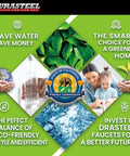 Green design promoting Durasteel eco-friendly faucets with Save Water Save Money and California Energy Commission seal.