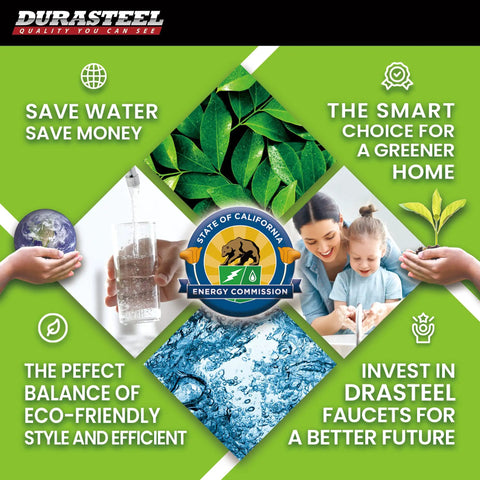 Green design promoting Durasteel eco-friendly faucets with Save Water Save Money and California Energy Commission seal.