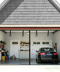 Magnetic Garage Door Screen 16x7 Ft with retractable fiberglass mesh installed on two-car garage, showing weighted bottom and magnets.