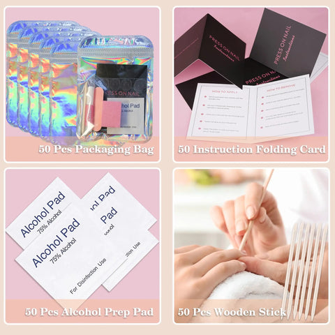 Disposable Press On Nail Prep Kit For Salon Biz, 50-Set Manicure Tool Bundle showing packaging, instructions, prep pads, and sticks