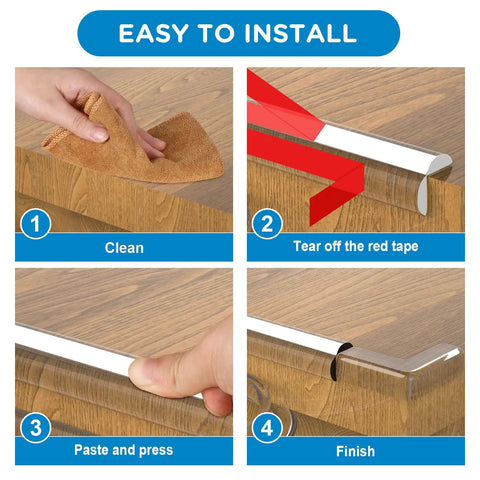 Step-by-step installation of Clear 0.6 Inch Edge Protector Strips Thickened Silicone Soft Corner Guards with Upgraded Pre Taped Strong Adhesive