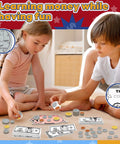 Children playing with Pretend Money Set For Kids With Bills And Coins, Hands On Math Manipulatives For Counting And Money Skills.