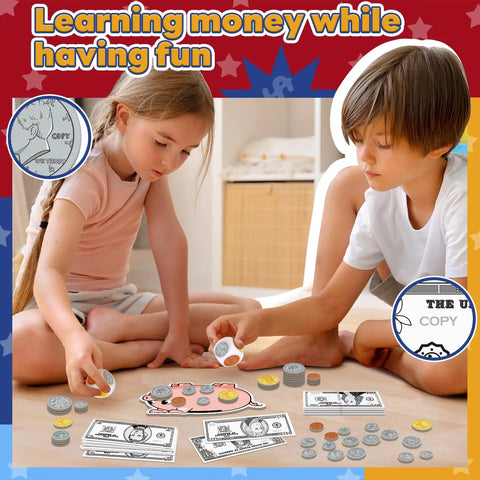 Children playing with Pretend Money Set For Kids With Bills And Coins, Hands On Math Manipulatives For Counting And Money Skills.