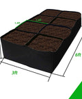 Fabric Raised Garden Bed Kit 128 Gallon With Eight Plant Grow Bags 3x6 Ft Planter and soil sections, top view
