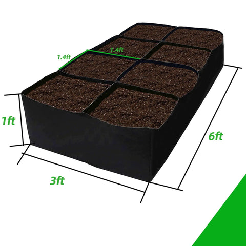 Fabric Raised Garden Bed Kit 128 Gallon With Eight Plant Grow Bags 3x6 Ft Planter and soil sections, top view