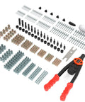 Dual Function Rivet Nut Tool Kit With 405 Rivet Nuts Blind Rivets 15 Mandrels And 5 Nozzles Multipurpose Riveting Gun displayed.
