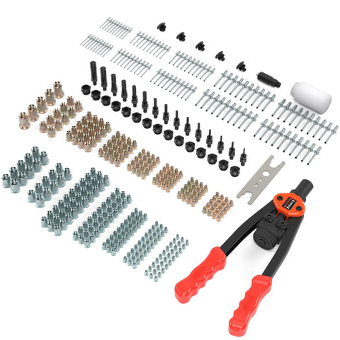 Dual Function Rivet Nut Tool Kit With 405 Rivet Nuts Blind Rivets 15 Mandrels And 5 Nozzles Multipurpose Riveting Gun displayed.