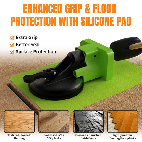 Floor Gap Fix Tool Kit With Suction Cup And Rubber Mallet for floating floors repair on green silicone pad.