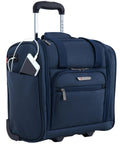 smart underseat carry-on with USB charging, blue roller bag