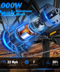 Close-up of High Power 1000W Peak Electric Bike motor with 22 MPH top speed and 7-speed gears, showcasing brushless motor design.