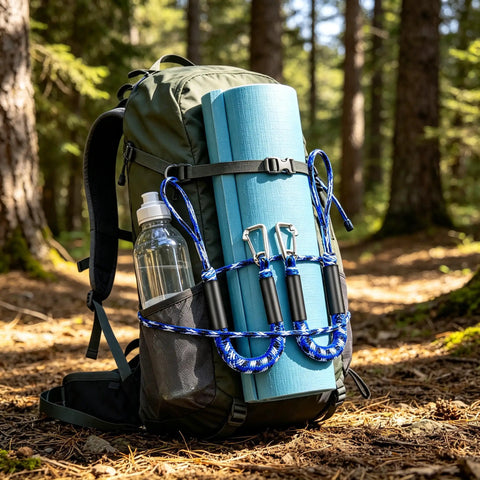 Backpack on forest trail with blue mat and water bottle, secured using Elastic Bungee Dock Line For Boats, 4 Ft Mooring Rope.