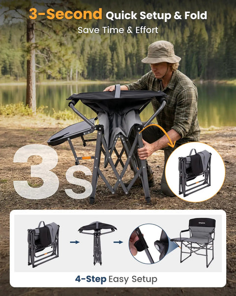 Person folding an Oversized Camping Directors Chair With Side Table, Heavy Duty 440 Lb Load, in a forest setting.