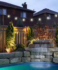 2 Pack 10Ft Spiral Screw In Outdoor String Light Poles For Patio And Garden No Fuss Install around backyard poolside at dusk.