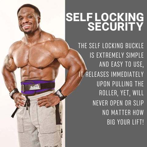 Muscular man demonstrating Heavy Duty 6 Inch Nylon Weight Lifting Belt For Powerlifting And Strength Training with self-locking buckle.