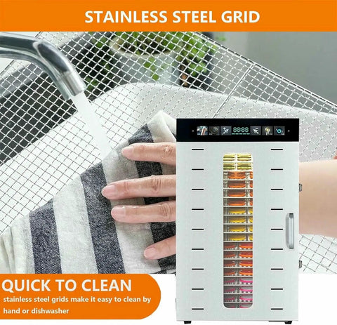 Heavy Duty Electric Food Dehydrator With Slick Touch Panel And Smart Dual Fans For Crafting Top Shelf Beef Jerky And Crispy Fruit Chips Without Any Fuss At Home with stainless steel grid.