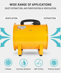 Beast 12-Inch Industrial Blower Fan with 2400 CFM, yellow, shown with ventilation and extraction features, front view