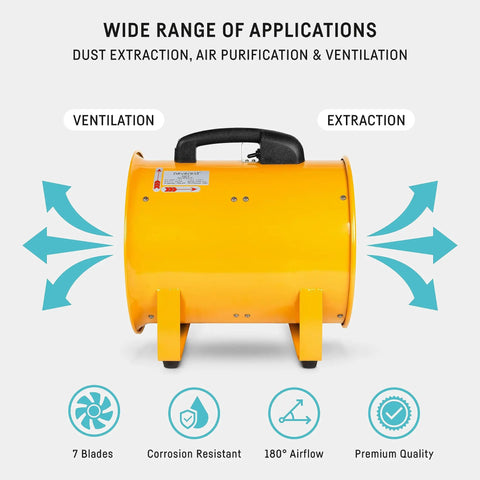 Beast 12-Inch Industrial Blower Fan with 2400 CFM, yellow, shown with ventilation and extraction features, front view