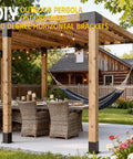3-Way T-Shaped Pergola Brackets Kit For 6 By 6 Inch Lumber in matte black, supporting wooden pergola over outdoor dining area and hammock.
