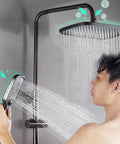 CUTPOIY Thermostatic Shower System, Digital Display Shower Faucet Set with rain shower head and handheld sprayer in use.