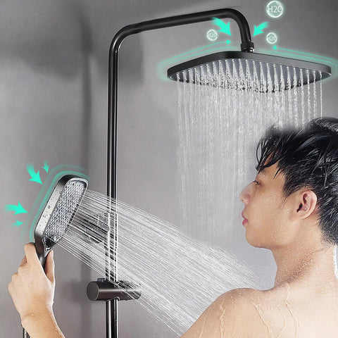 CUTPOIY Thermostatic Shower System, Digital Display Shower Faucet Set with rain shower head and handheld sprayer in use.