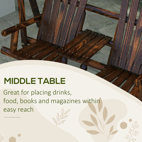 Wooden Porch Swing With Stand Two Seat Patio Swing Chair With Center Table For Garden Poolside Backyard Outdoor Adirondack Rustic Fir Log Design With Carbonized Finish, focusing on center table detail.