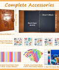 Badass Vintage Leather Scrapbook Album With Sixty Pages Memory Book And Hella Cute Travel Journal Kit For DIY Photo Keepsakes And Totally Sweet Anniversary Gifts Featuring Metal Rivet Binding And Complete Craft Supplies Inside, showing travel journal cover, black pages, and craft accessories.