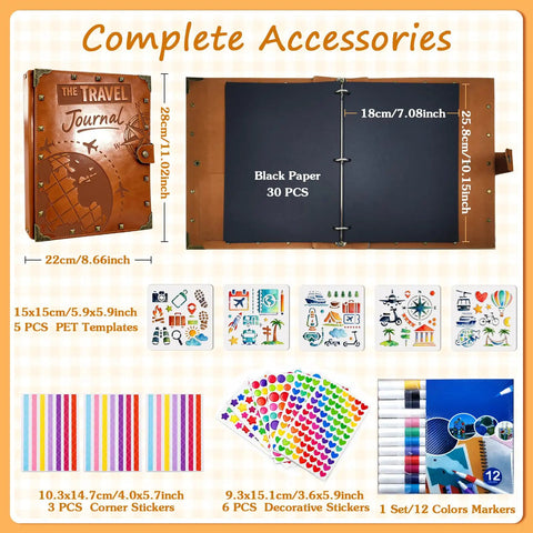 Badass Vintage Leather Scrapbook Album With Sixty Pages Memory Book And Hella Cute Travel Journal Kit For DIY Photo Keepsakes And Totally Sweet Anniversary Gifts Featuring Metal Rivet Binding And Complete Craft Supplies Inside, showing travel journal cover, black pages, and craft accessories.