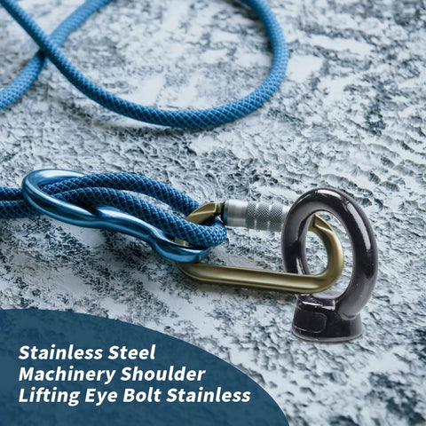 Top Tier M10 Shoulder Lifting Eye Bolts, 4 Pack Of Built Tough 304 Stainless Steel Rigging Hooks For Heavy Duty Machinery Mounting With Slick Anti Rust Precision Threading Design with blue rope