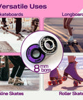 Naivskb 608 skate bearings, 8mm bore, 16-pack; purple seal, shown with skateboard, inline skates, longboards, and roller skates