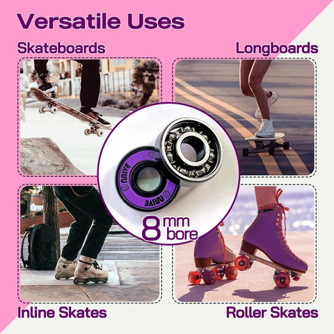 Naivskb 608 skate bearings, 8mm bore, 16-pack; purple seal, shown with skateboard, inline skates, longboards, and roller skates