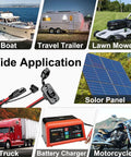 Heavy Duty SAE Quick Connector Harness 1 ft 12 AWG Cable application examples including boat, trailer, lawn mower, and solar panel