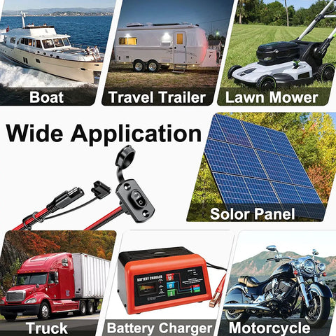 Heavy Duty SAE Quick Connector Harness 1 ft 12 AWG Cable application examples including boat, trailer, lawn mower, and solar panel
